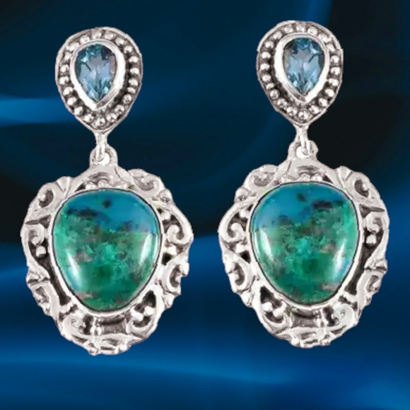 NWT PERUVIAN OPALINA & BLUE TOPAZ EARRINGS IN STERLING SILVER 18.00 CTW